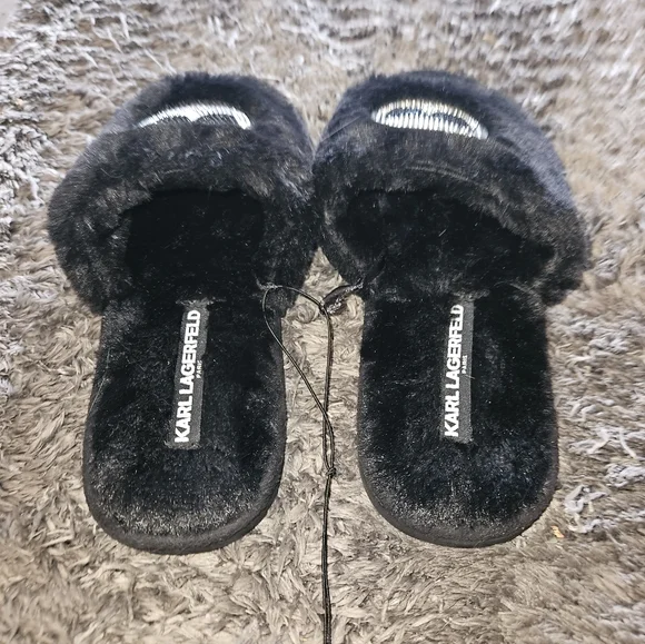 Karl Lagerfeld Black Furry Slides Sequined Slippers - Size 8 🖤 NWOT - Picture 4 of 7